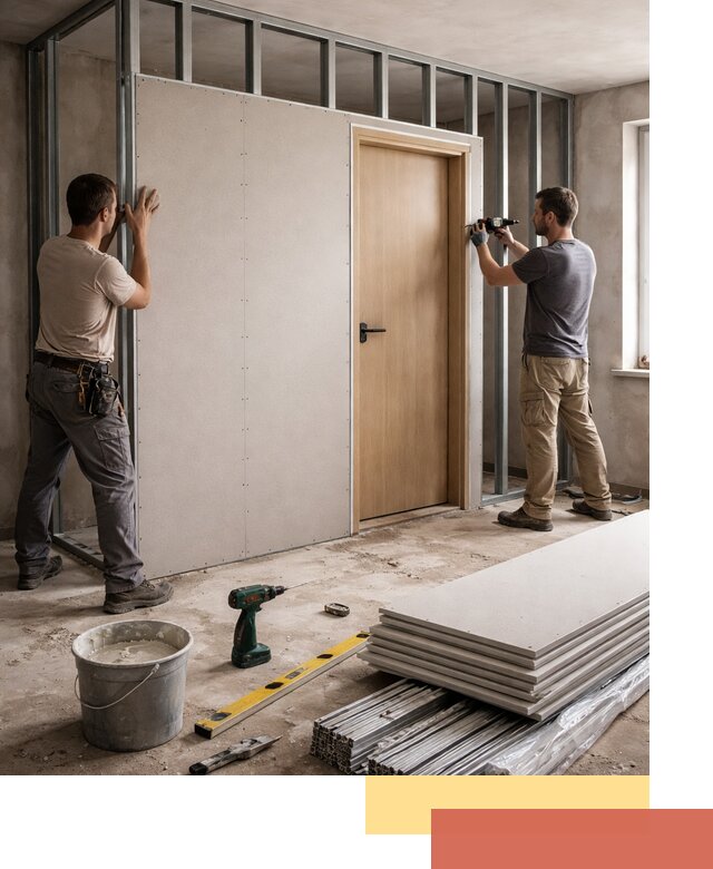 Перегородка из гипсокартона с дверью под ключ в Верхней Пышме