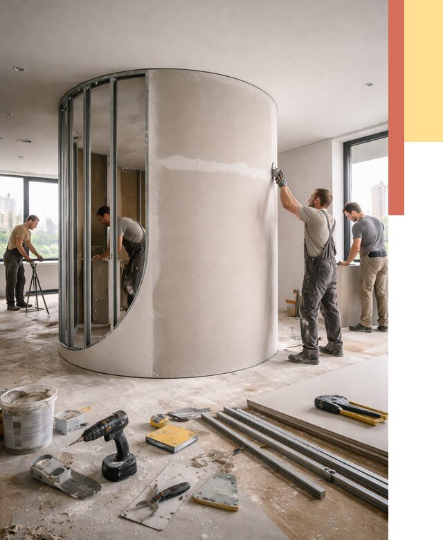 Радиусная перегородка из гипсокартона в Верхней Пышме от 2975 руб. под ключ | ОТДЕЛОЧНИК-Врх