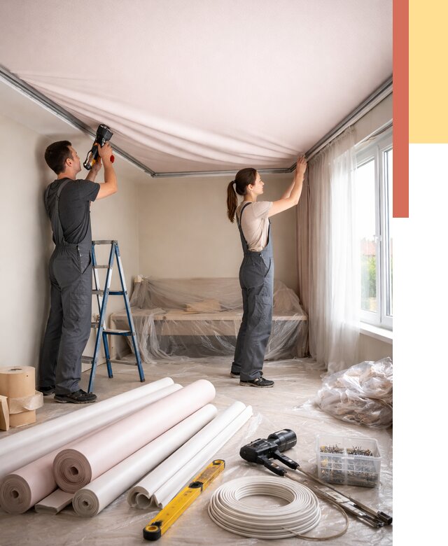 Монтаж цветного натяжного потолка в Верхней Пышме от 4309 руб/м² — быстро и недорого | ОТДЕЛОЧНИК-Врх