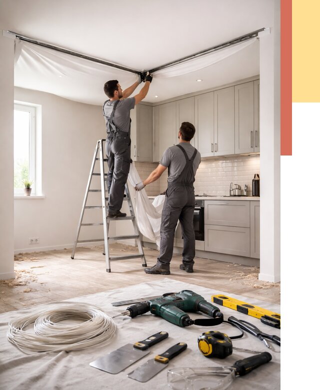 Установка натяжного потолка на кухне в Верхней Пышме от 2462 руб. | ОТДЕЛОЧНИК-Врх