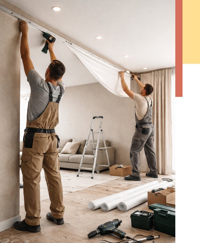 Монтаж натяжного потолка в гостиной в Верхней Пышме от 564 руб. | ОТДЕЛОЧНИК-Врх