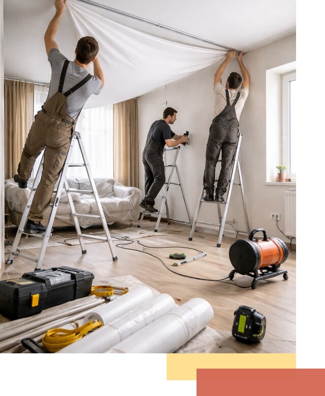 Монтаж натяжного потолка в гостиной в Верхней Пышме