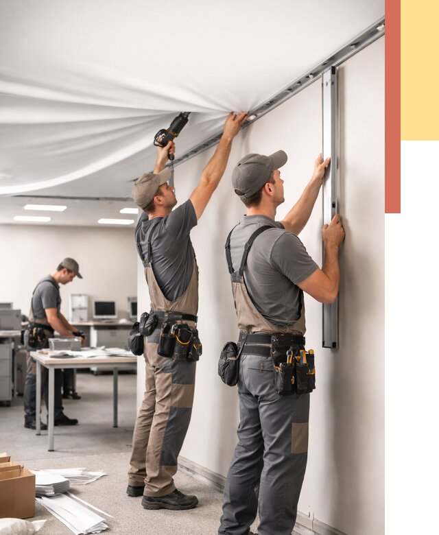 Монтаж натяжного потолка в офисе в Верхней Пышме от 462 руб/м² — быстро и недорого | ОТДЕЛОЧНИК-Врх