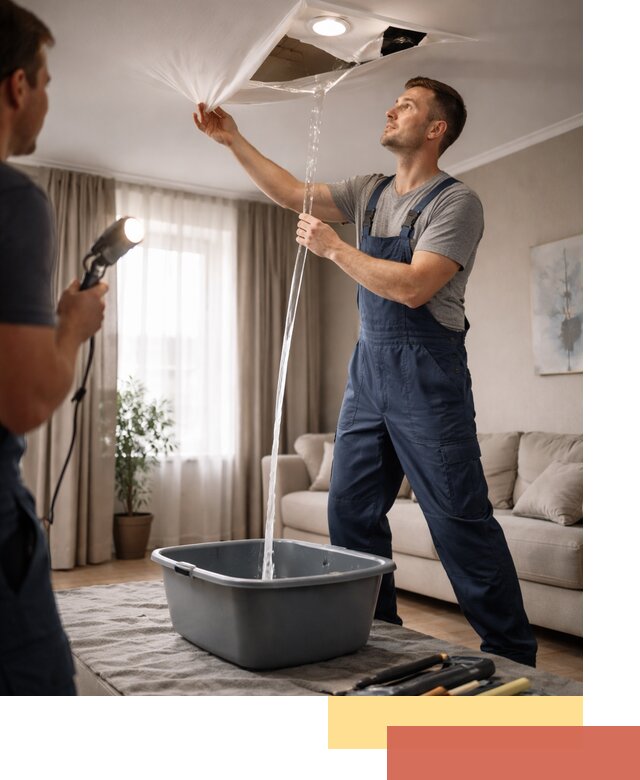 Слив воды с натяжного потолка в Верхней Пышме быстро и аккуратно